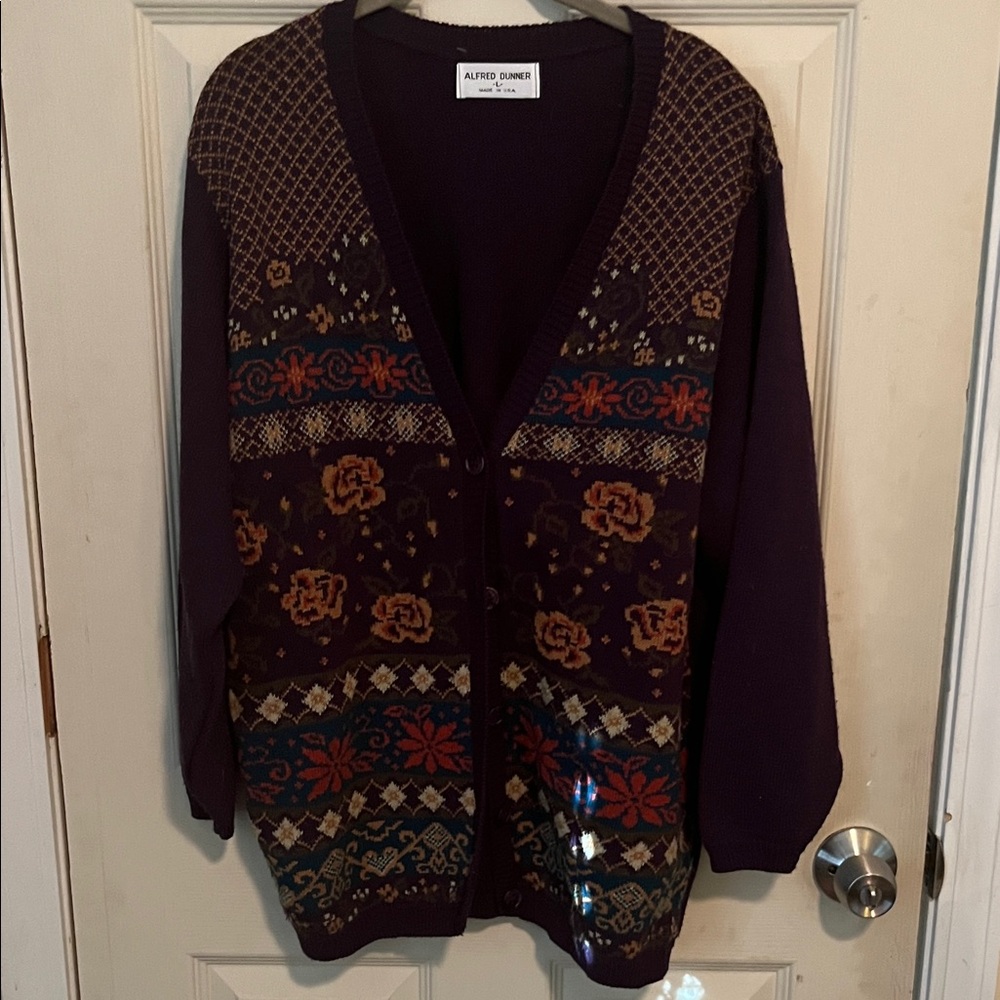 Alfred Dunner Plum Multicolor Floral Knit Cardigan
